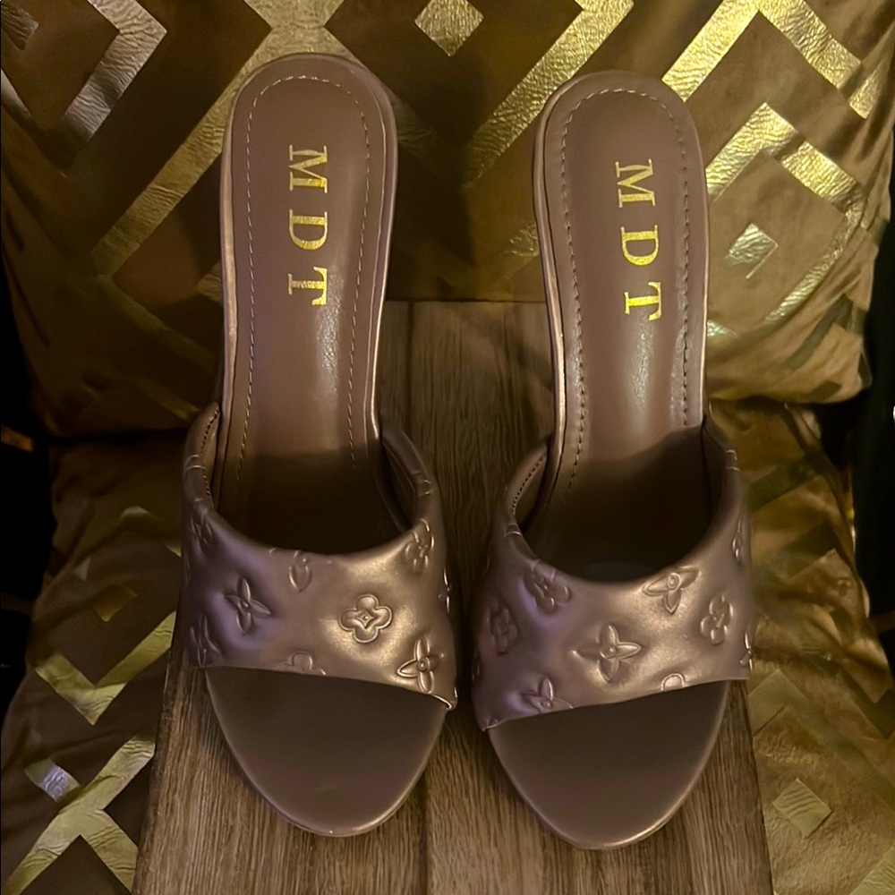 Brown Leather Mules with High Heel and Monogram Pattern